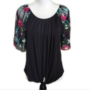 5/$55 Kim & Cami (tags removed) black cotton drapey blouse w/ sheer sleeves, M